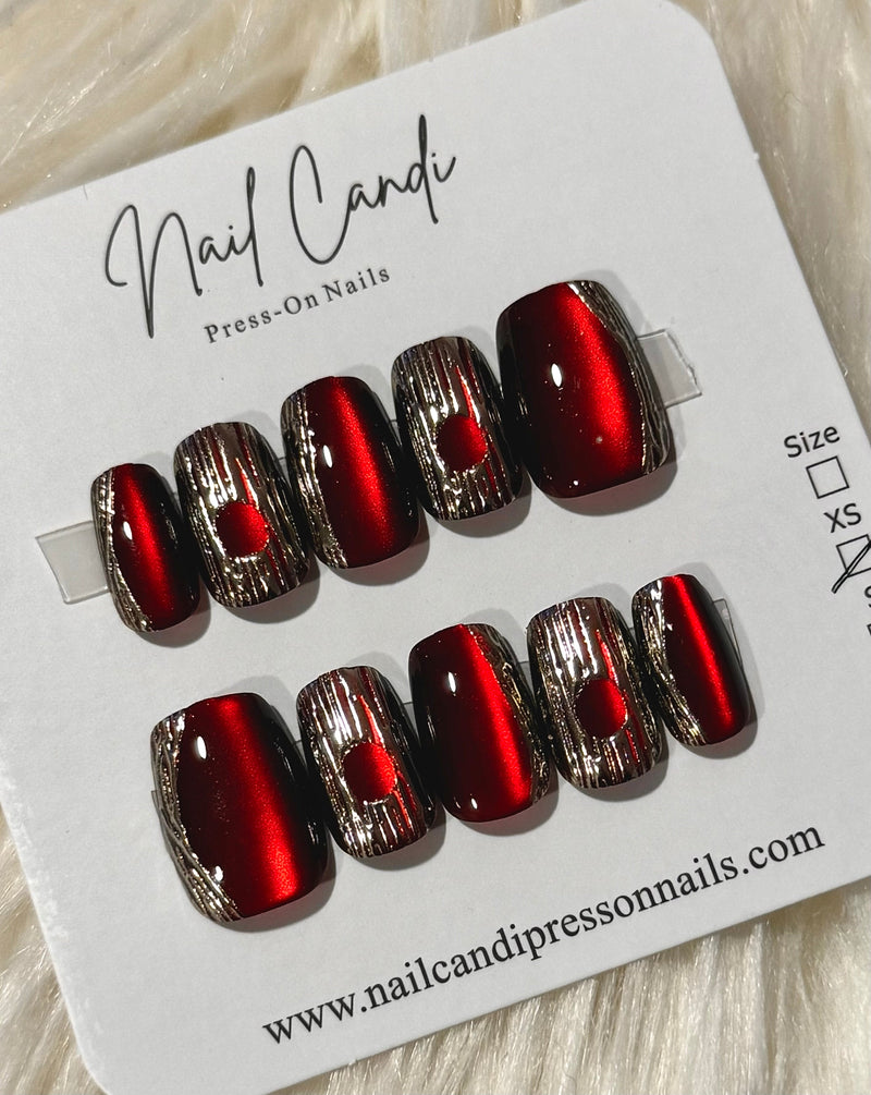 Semi-Handmade Press-On Nails, Burgundy & Gold Cat-Eye