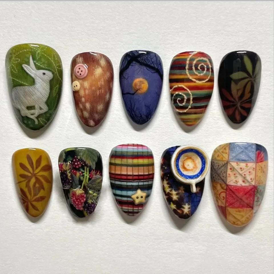 Almond press-on nails, assorted designs