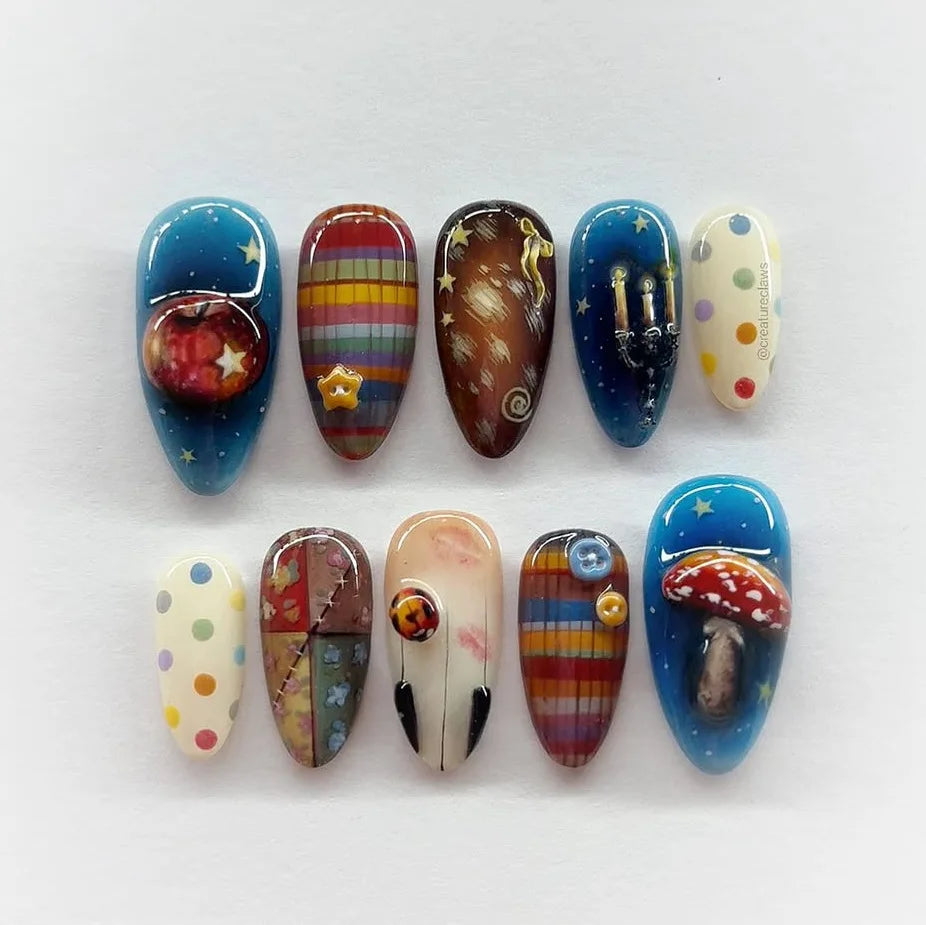 Almond press-on nails, assorted designs