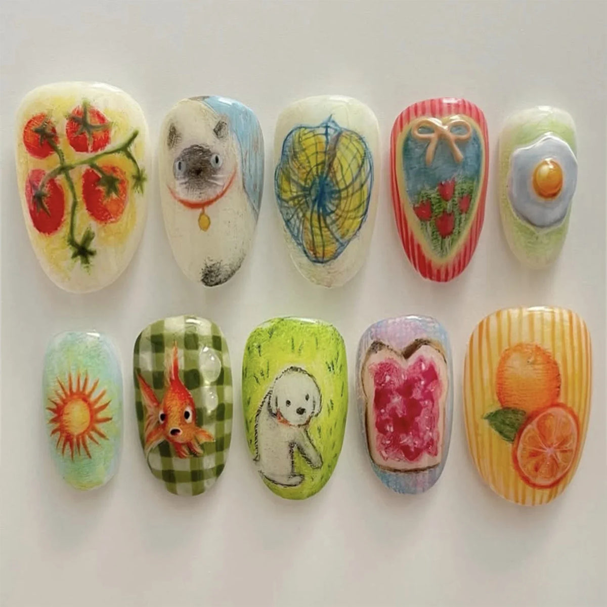Almond press-on nails, assorted designs