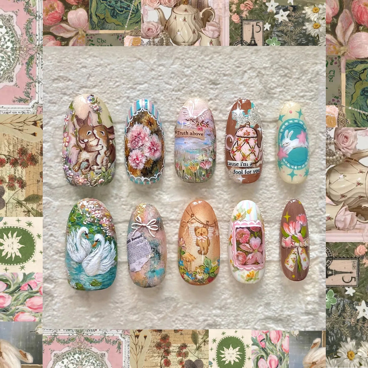 Almond press-on nails, assorted designs