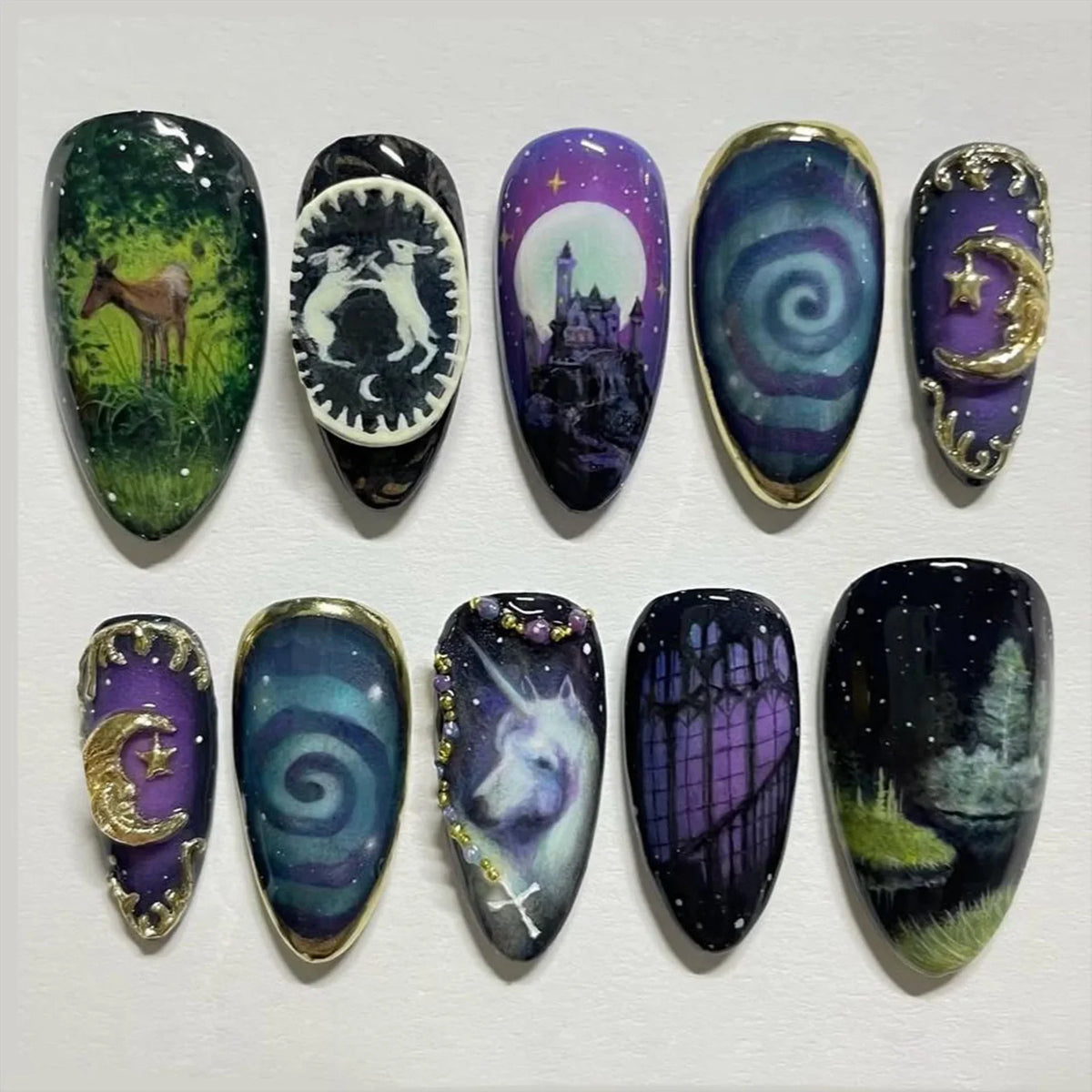 Almond press-on nails, assorted designs