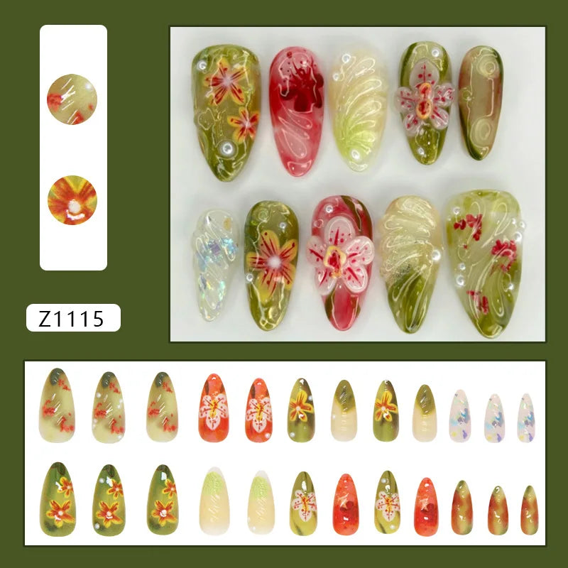 Almond press-on nails, assorted designs