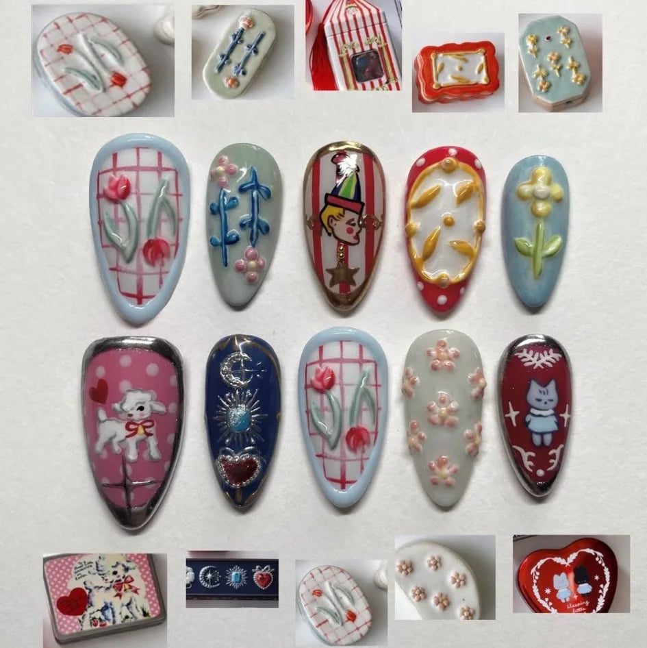 Almond press-on nails, assorted designs