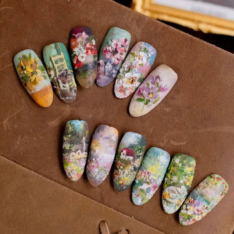 Almond press-on nails, assorted designs
