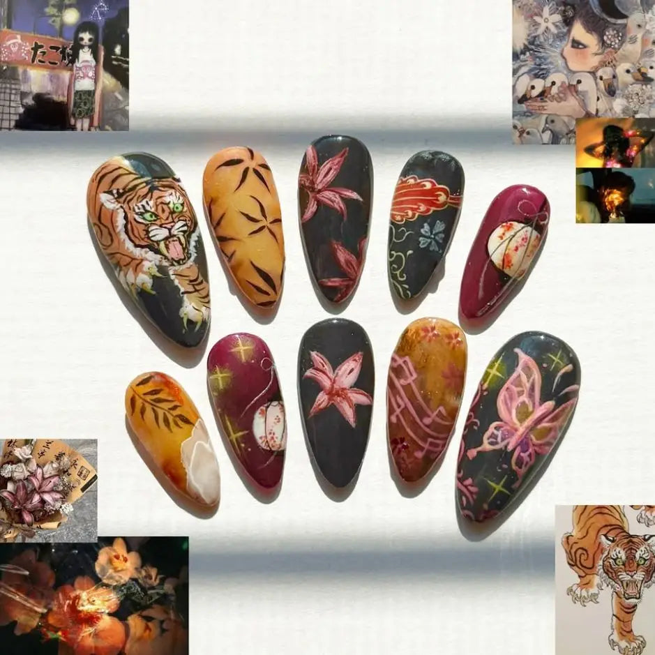 Almond press-on nails, assorted designs