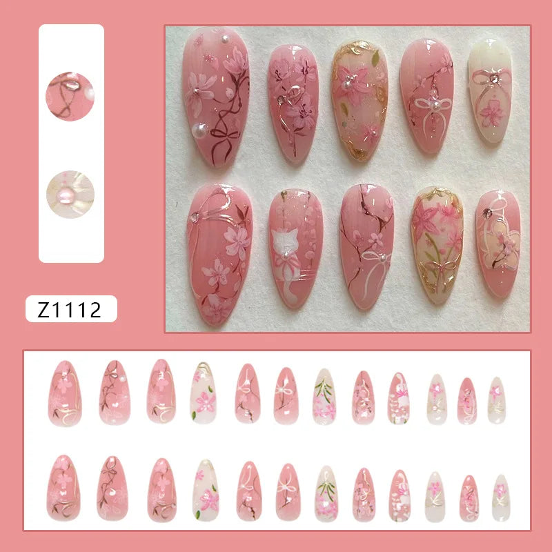 Almond press-on nails, assorted designs