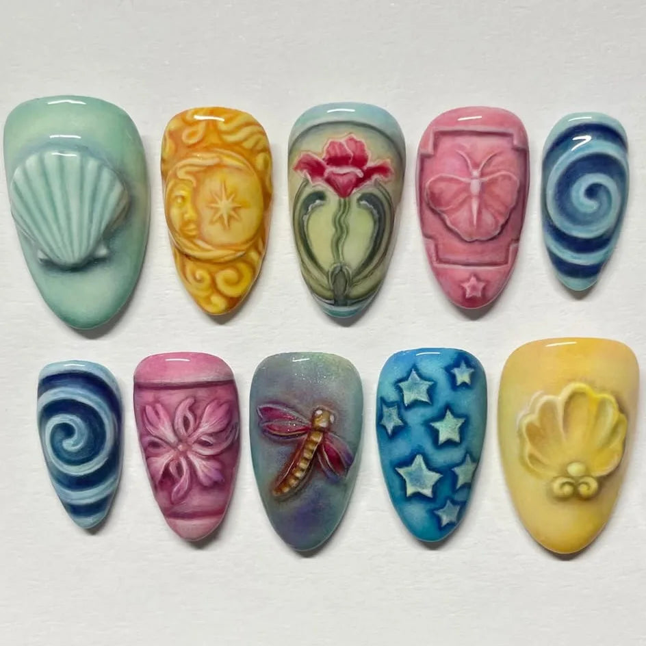 Almond press-on nails, assorted designs