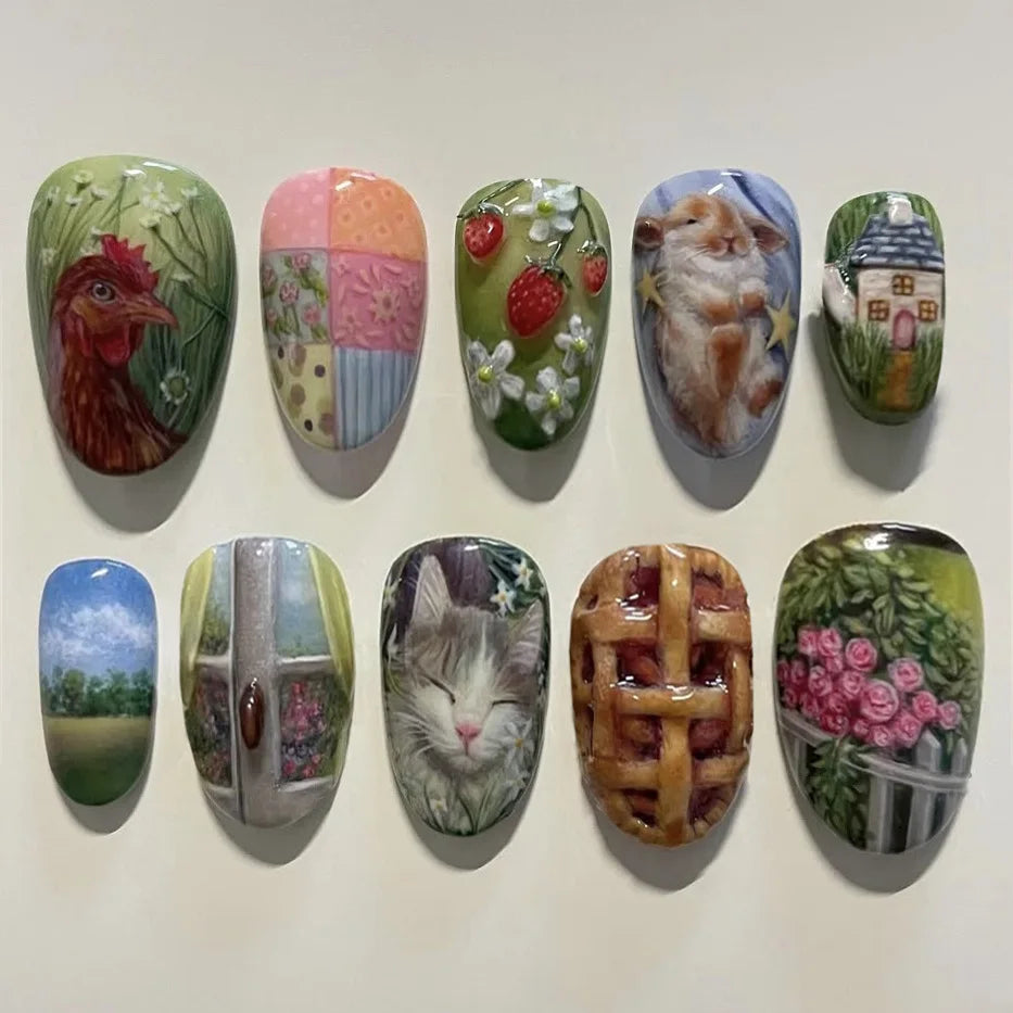 Almond press-on nails, assorted designs