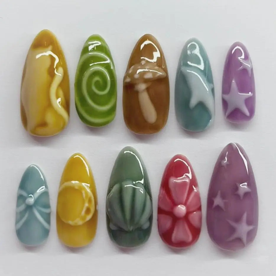 Almond press-on nails, assorted designs