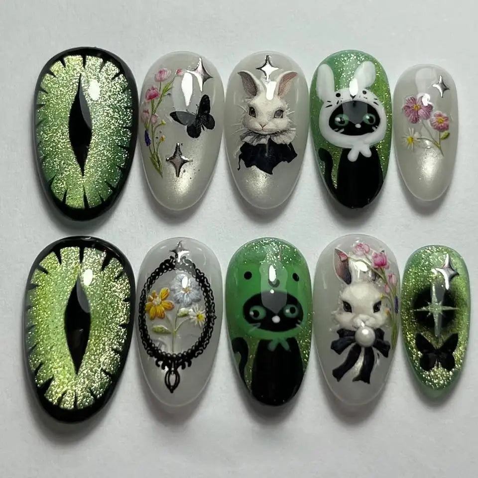 Almond press-on nails, assorted designs