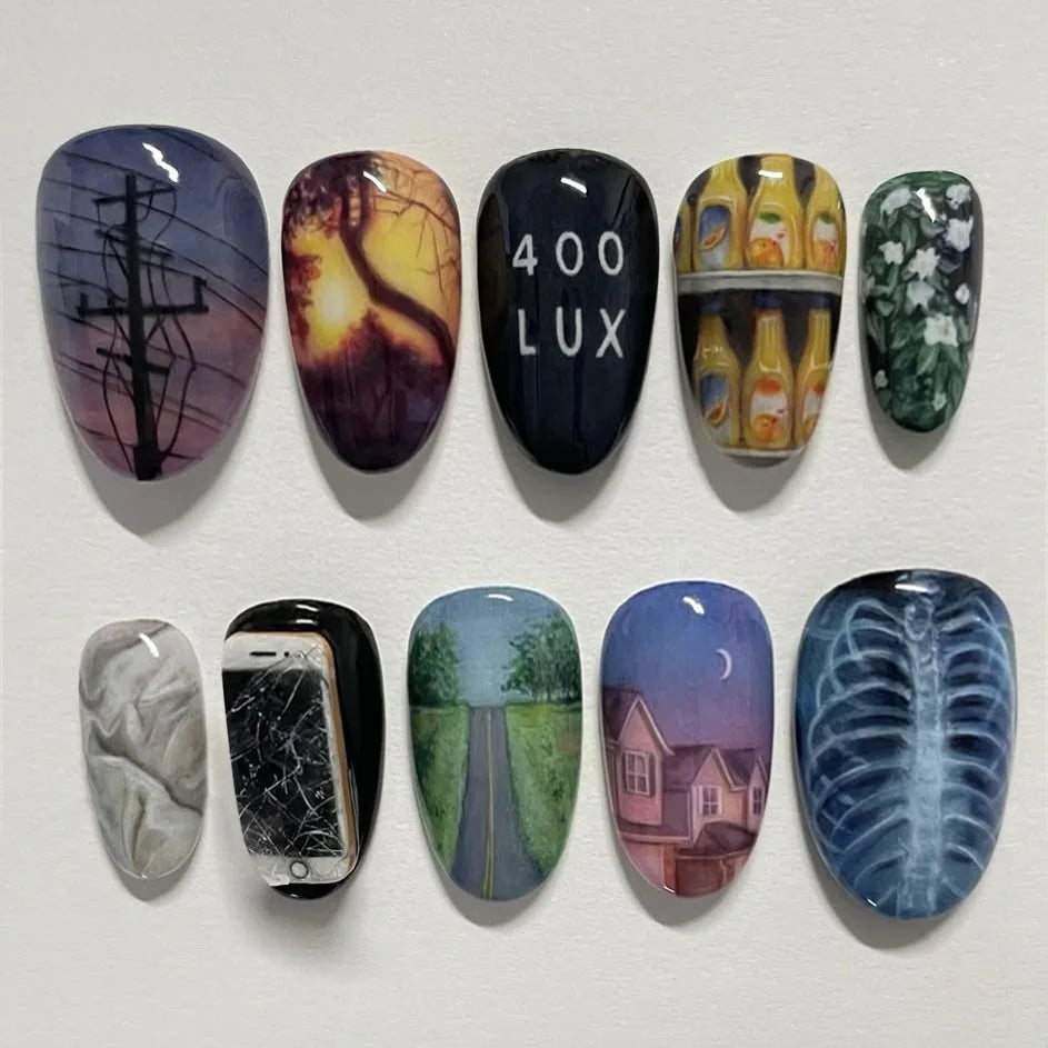 Almond press-on nails, assorted designs
