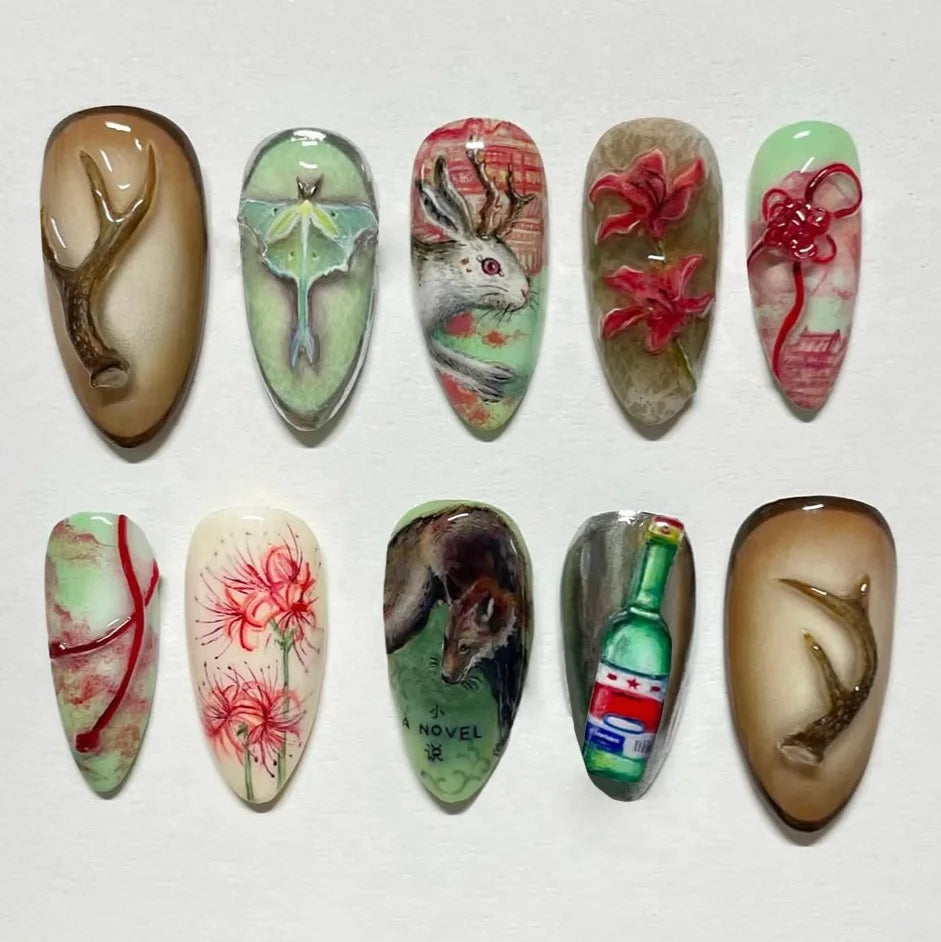 Almond press-on nails, assorted designs