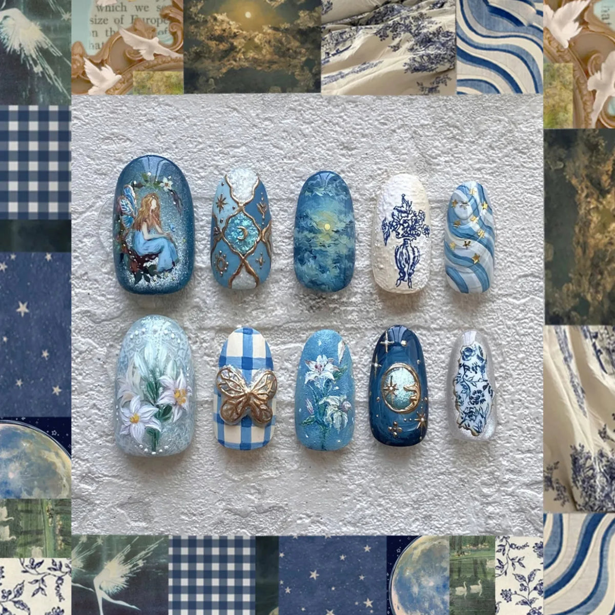 Almond press-on nails, assorted designs