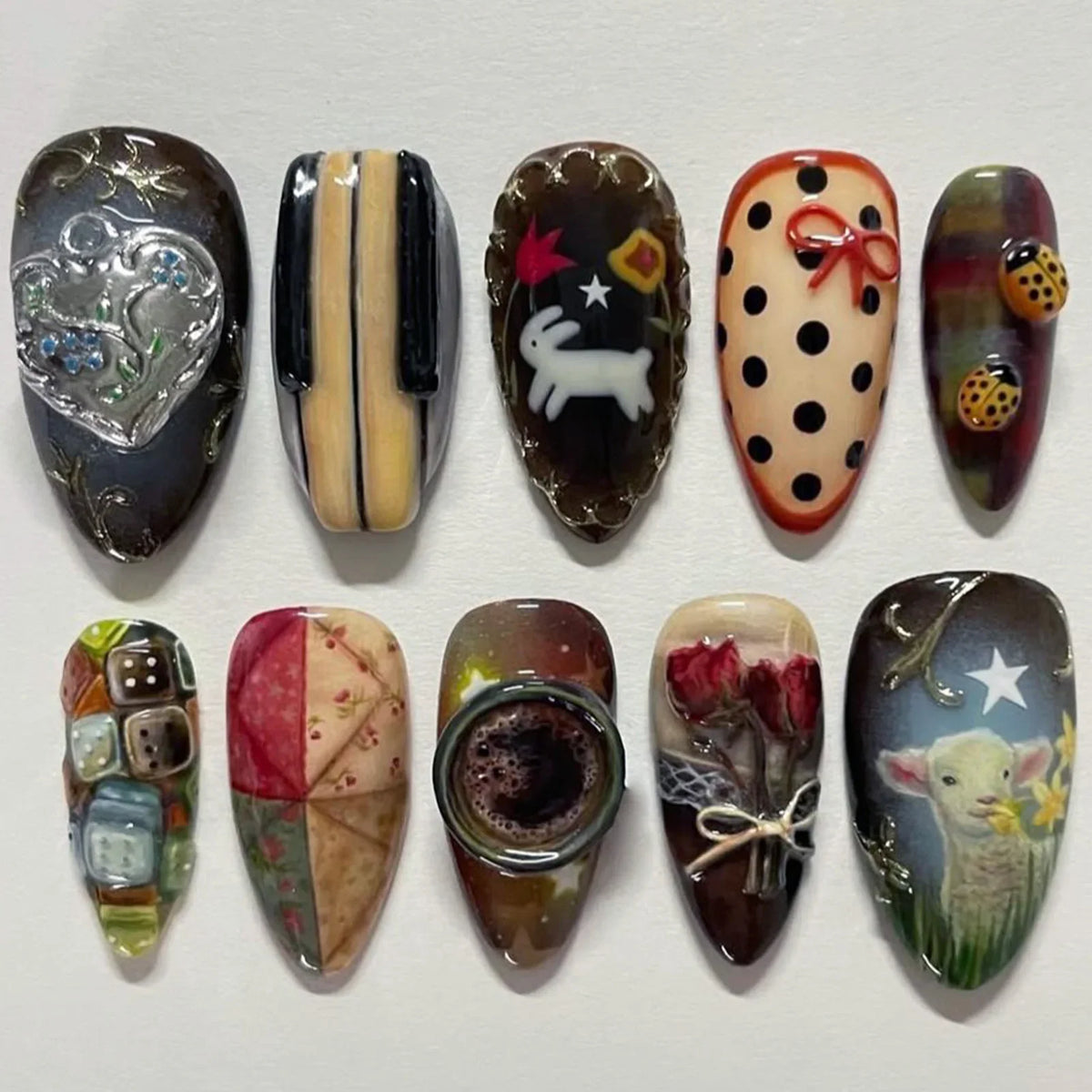Almond press-on nails, assorted designs