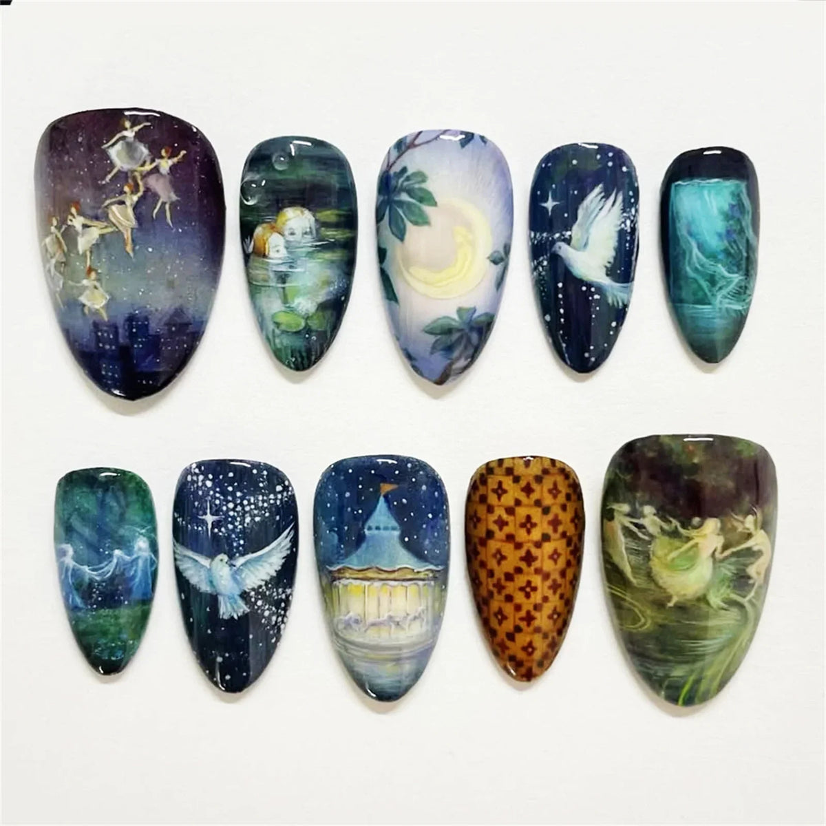 Almond press-on nails, assorted designs