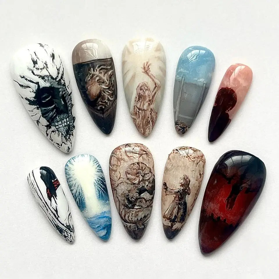 Almond press-on nails, assorted designs