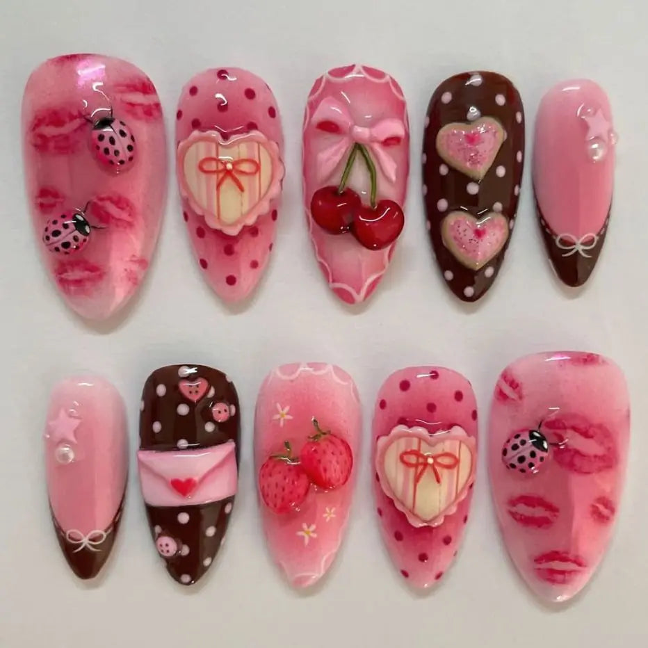 Almond press-on nails, assorted designs