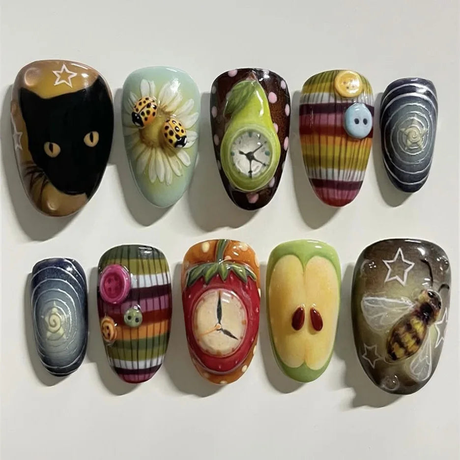 Almond press-on nails, assorted designs
