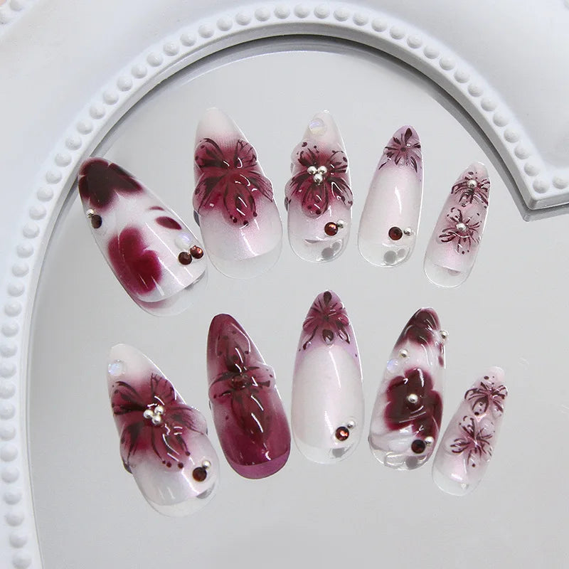Almond press-on nails, assorted designs