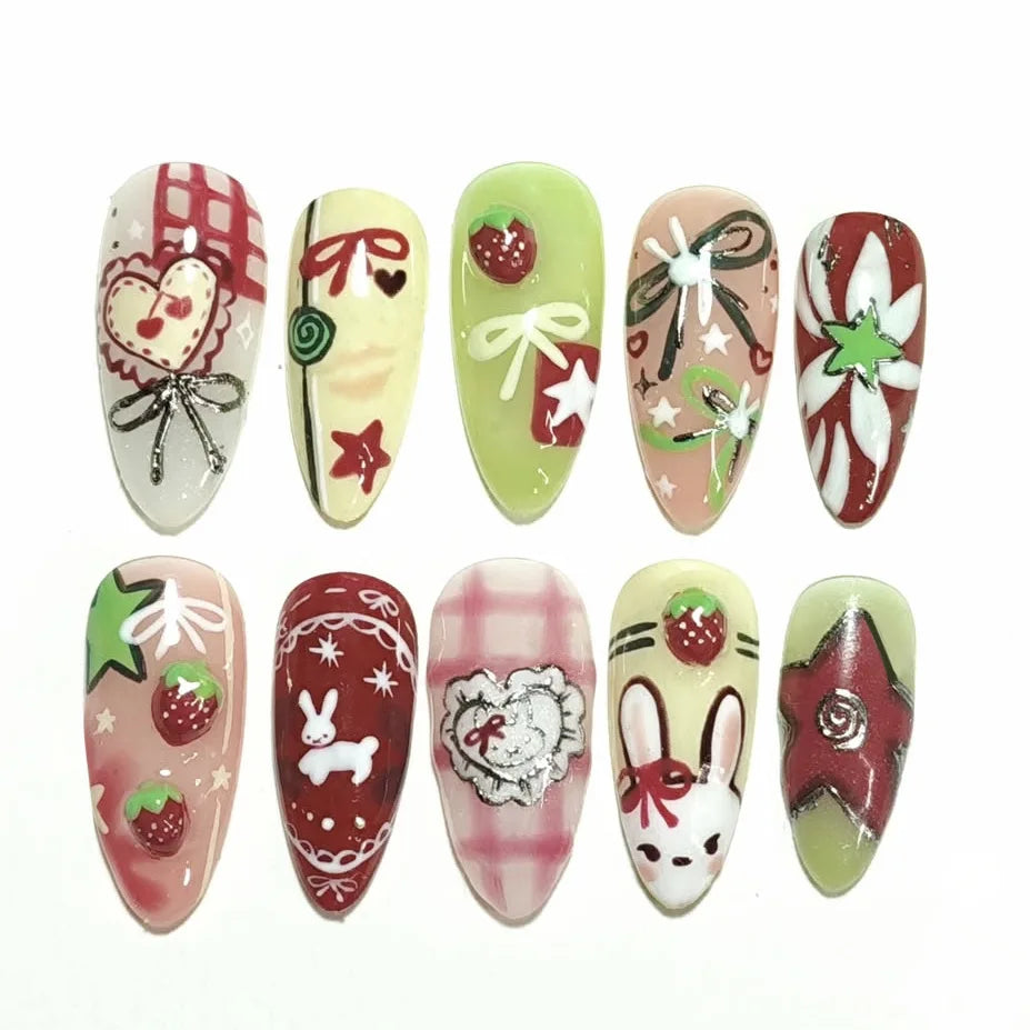 Almond press-on nails, assorted designs