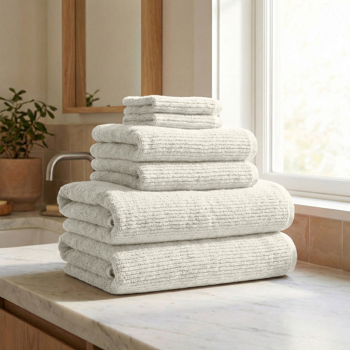 Turkish Cotton Ribbed Towel Set, 6 Pieces