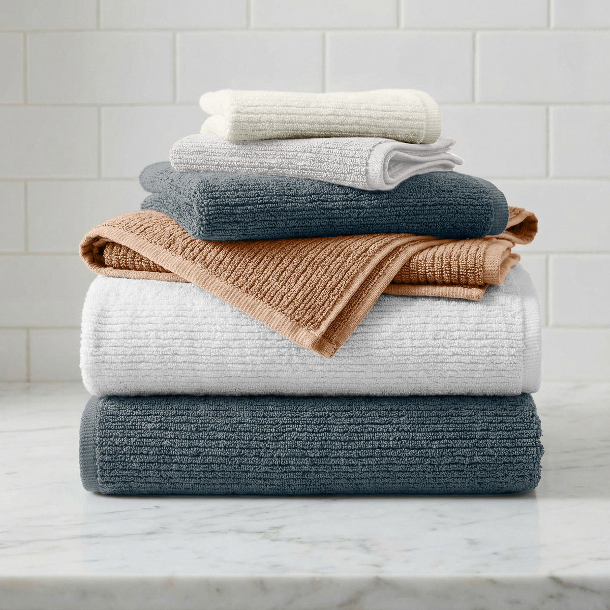 Turkish Cotton Ribbed Towel Set, 6 Pieces