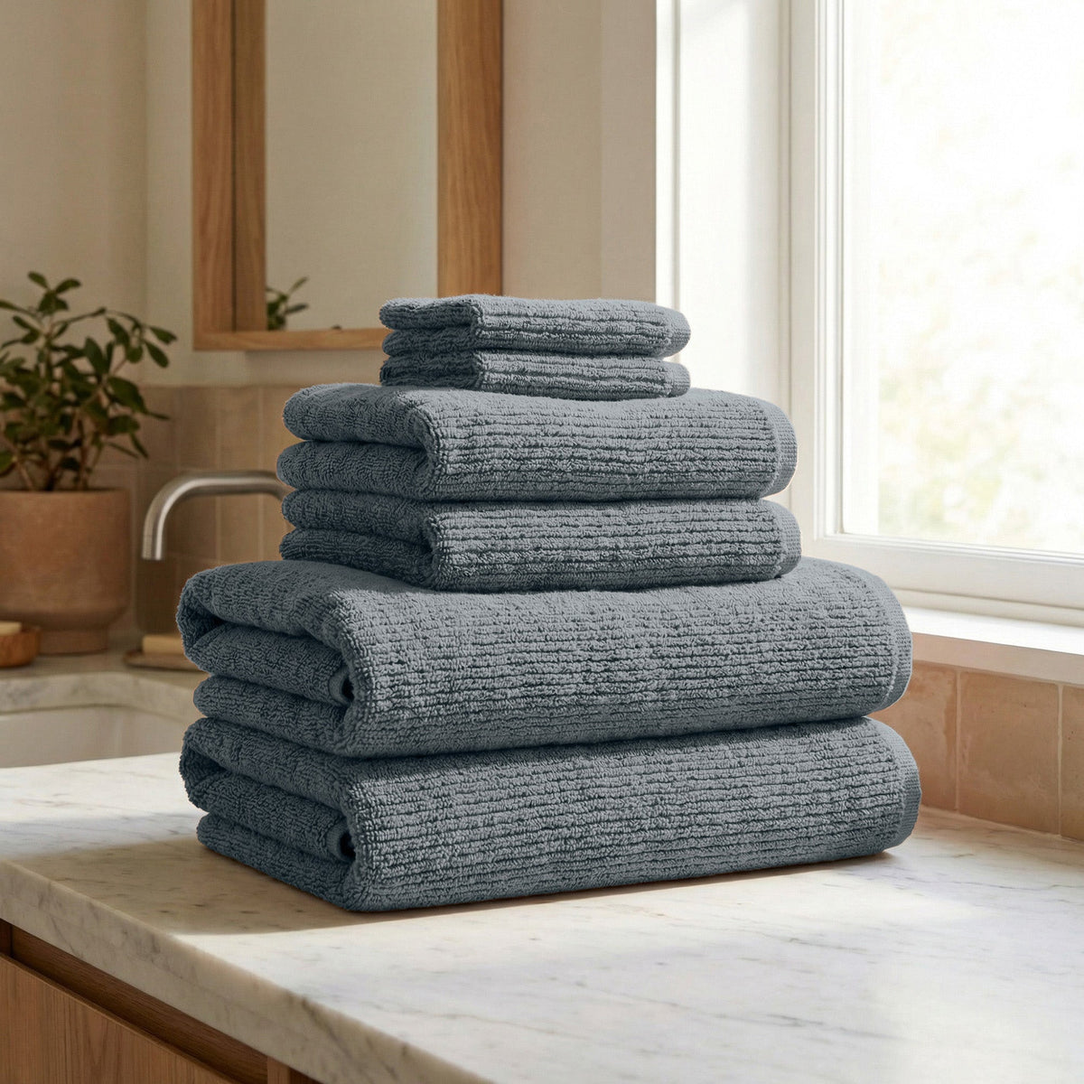 Turkish Cotton Ribbed Towel Set, 6 Pieces