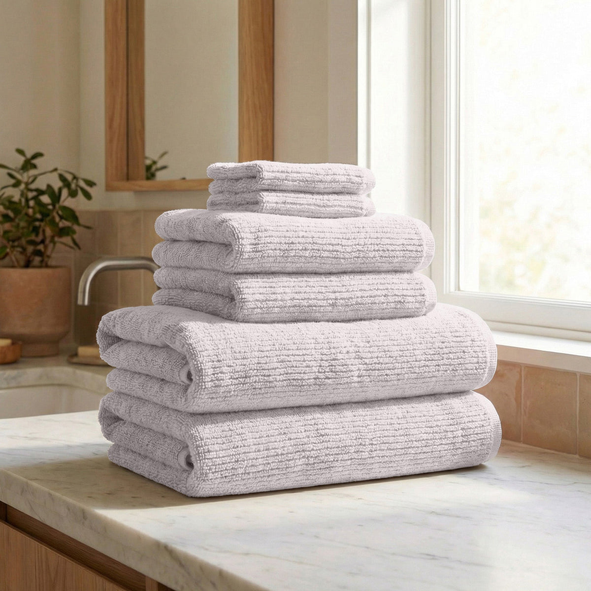 Turkish Cotton Ribbed Towel Set, 6 Pieces