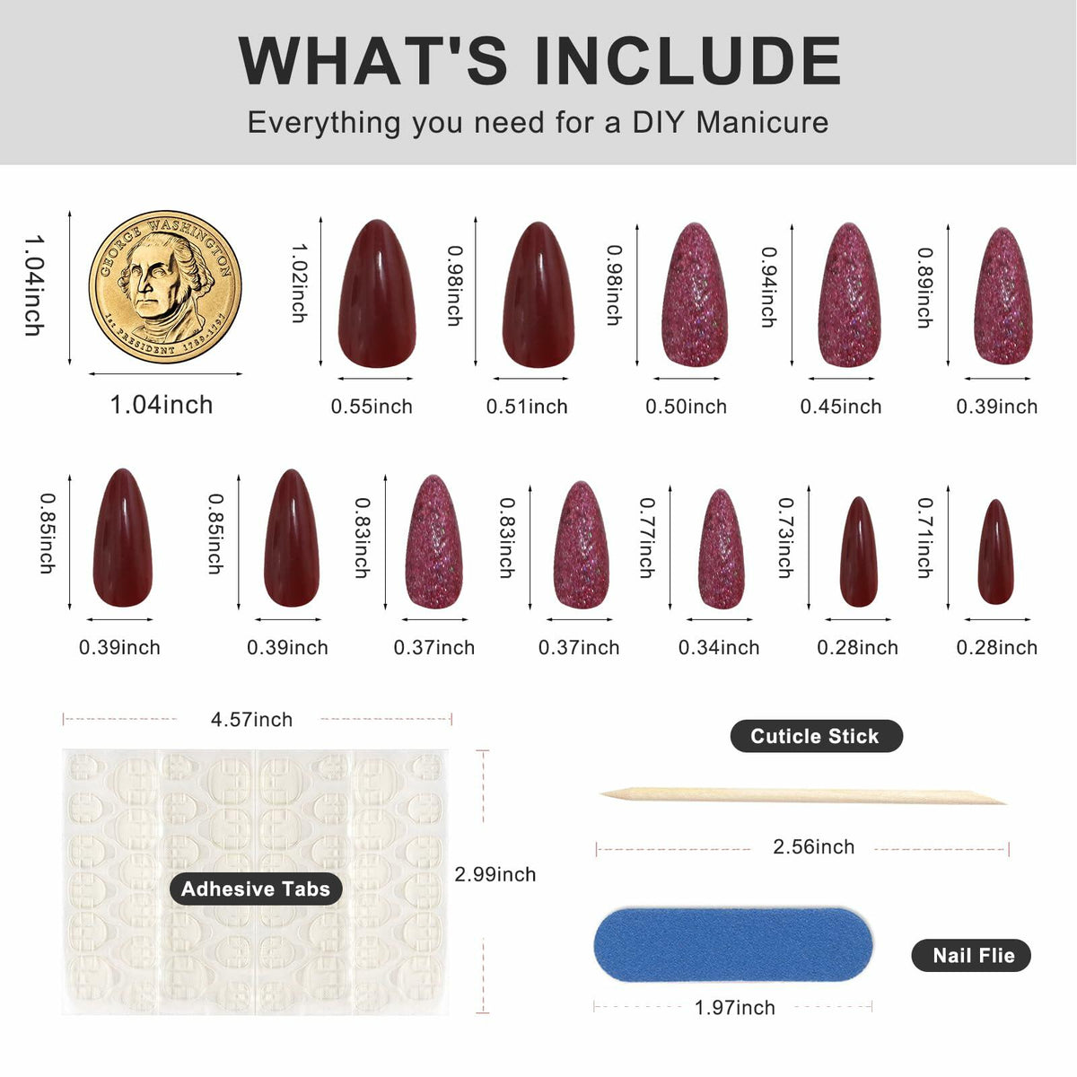 Long almond press-on nails in wine red glitter