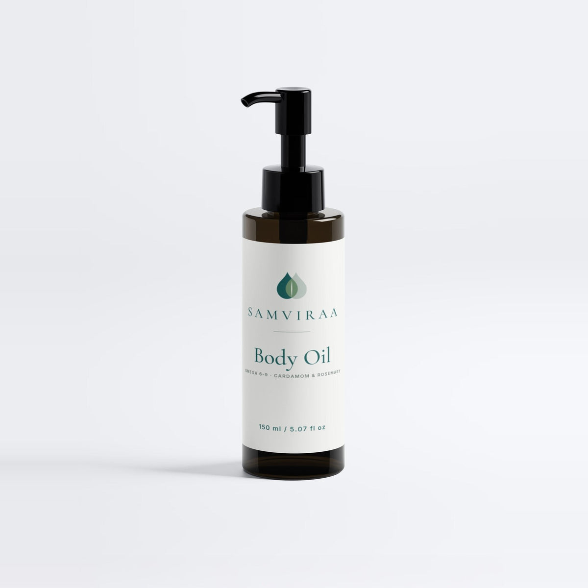 SAMVIRAA Body Oil, Cardamom & Rosemary, 150 ml amber glass bottle with pump