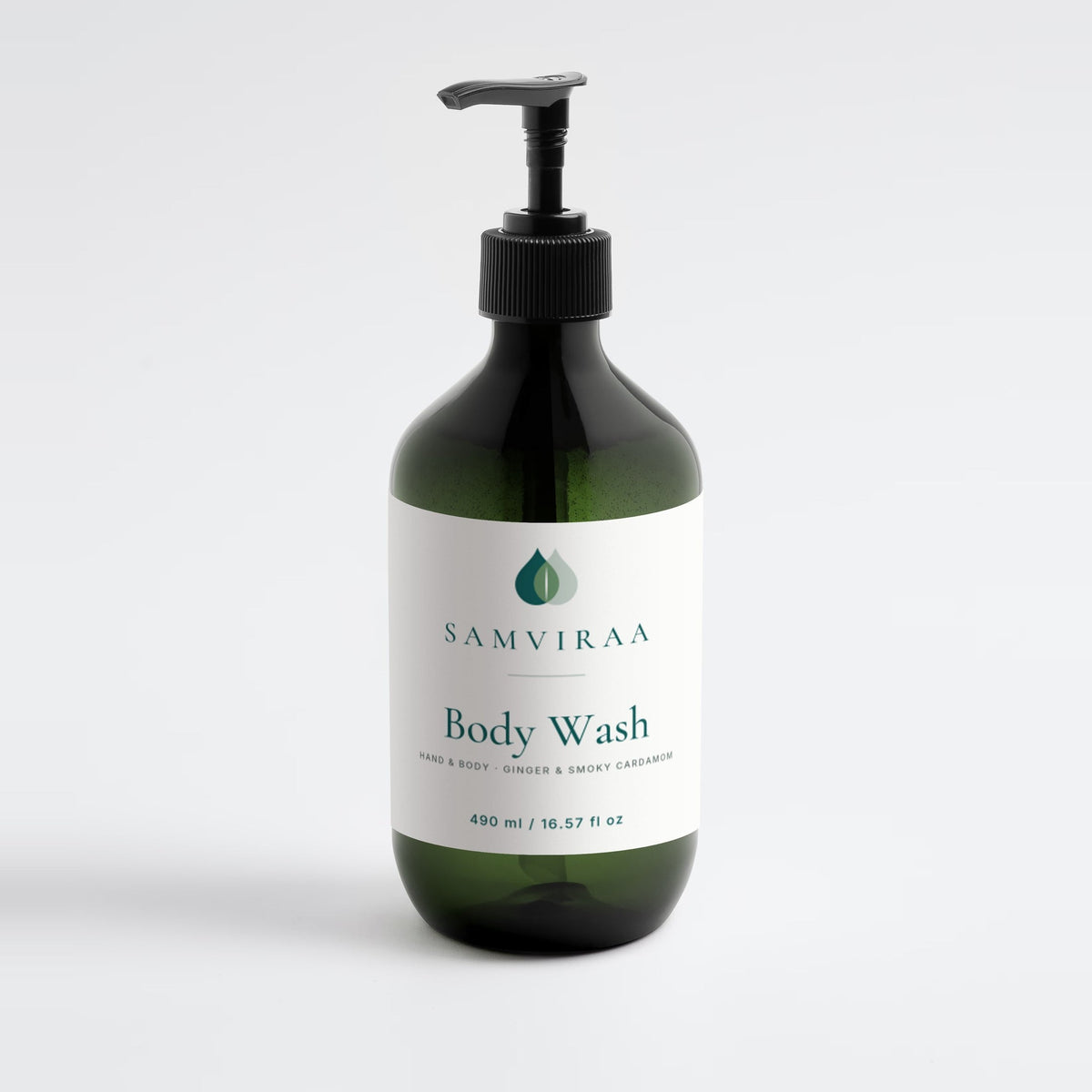 SAMVIRAA Body Wash, Ginger & Smoky Cardamom, 490 ml green bottle