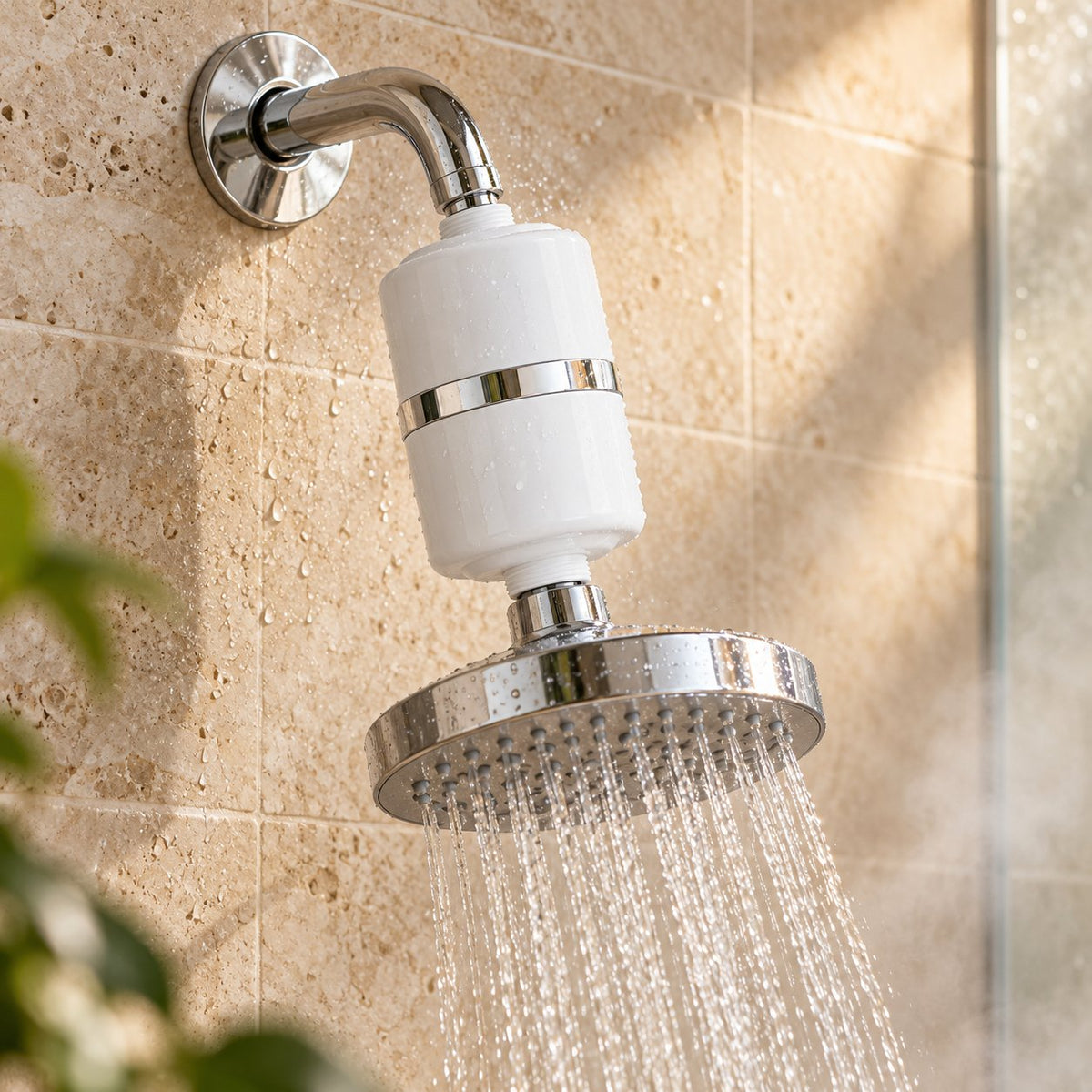 Crystal Quest Shower Filter installed between a chrome shower arm and shower head (styled image)