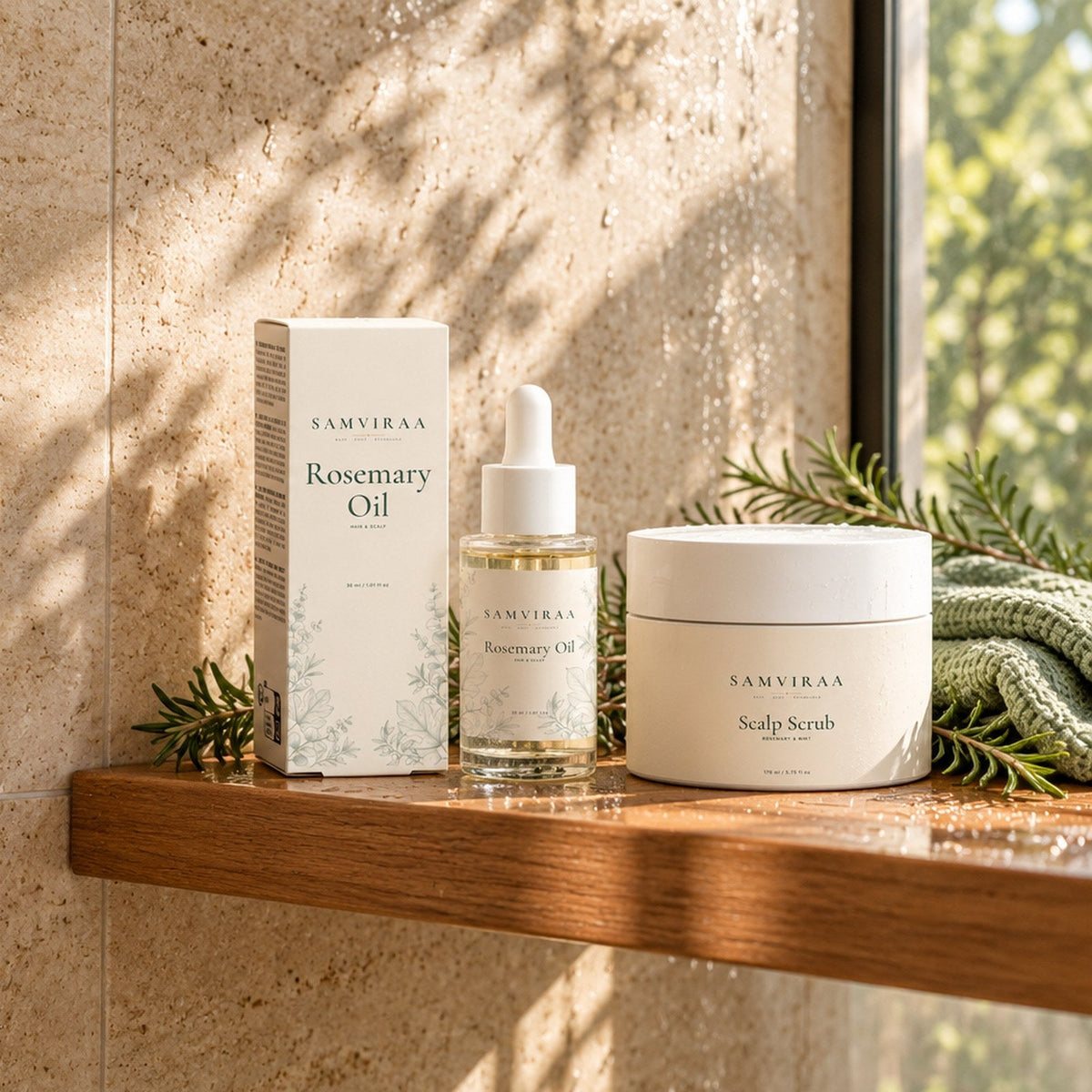 styled image: SAMVIRAA Rosemary Oil and Scalp Scrub on a teak shower shelf with fresh rosemary