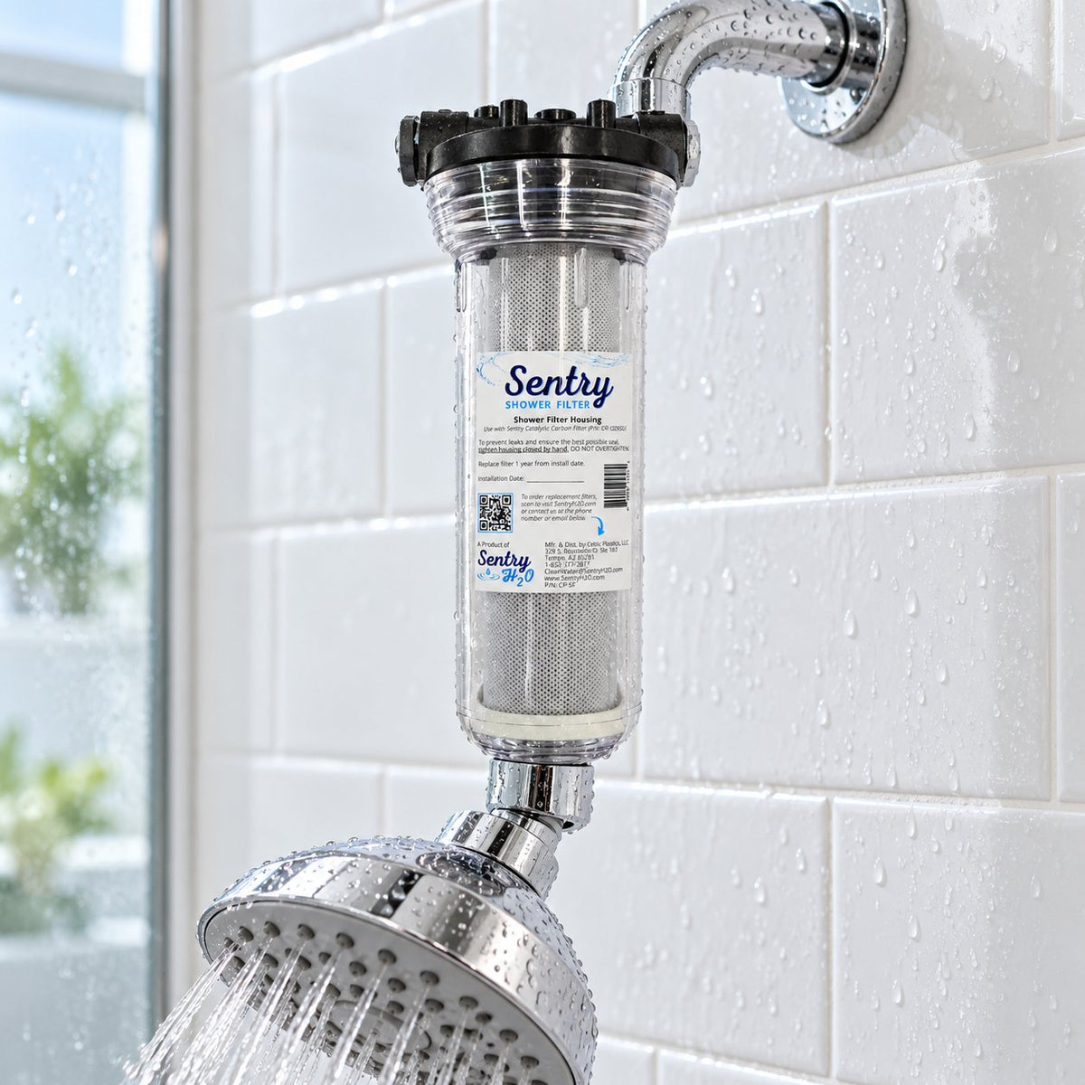 Sentry Shower Filter installed on a chrome shower arm against white tiles (styled image)