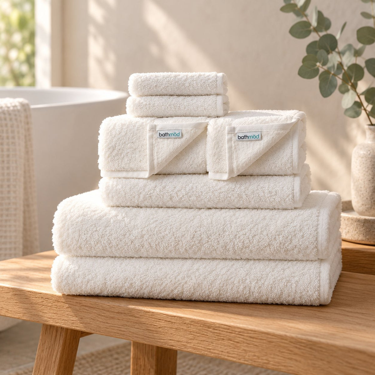 Bathmöd six-piece organic Turkish cotton towel set stacked on an oak bench (styled image)