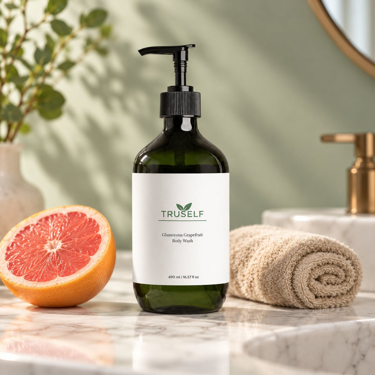 TruSelf Grapefruit Body Wash on a marble basin counter with a halved grapefruit (styled image)