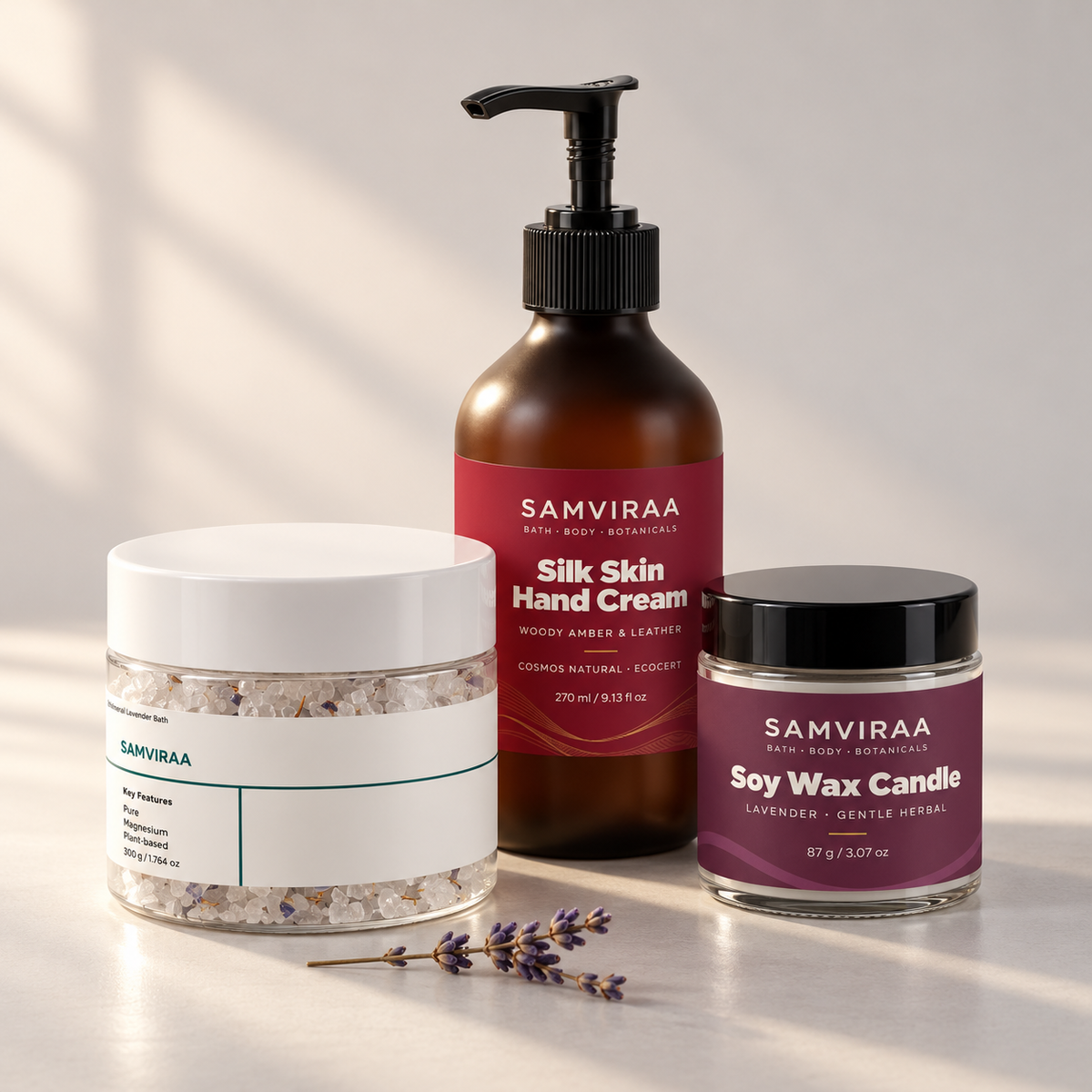 SAMVIRAA Evening Bath Gift Set: lavender bath soak, lavender soy candle and hand cream