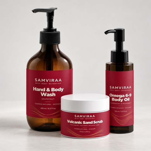 SAMVIRAA Shower Body Ritual Set: hand and body wash, volcanic sand scrub and body oil
