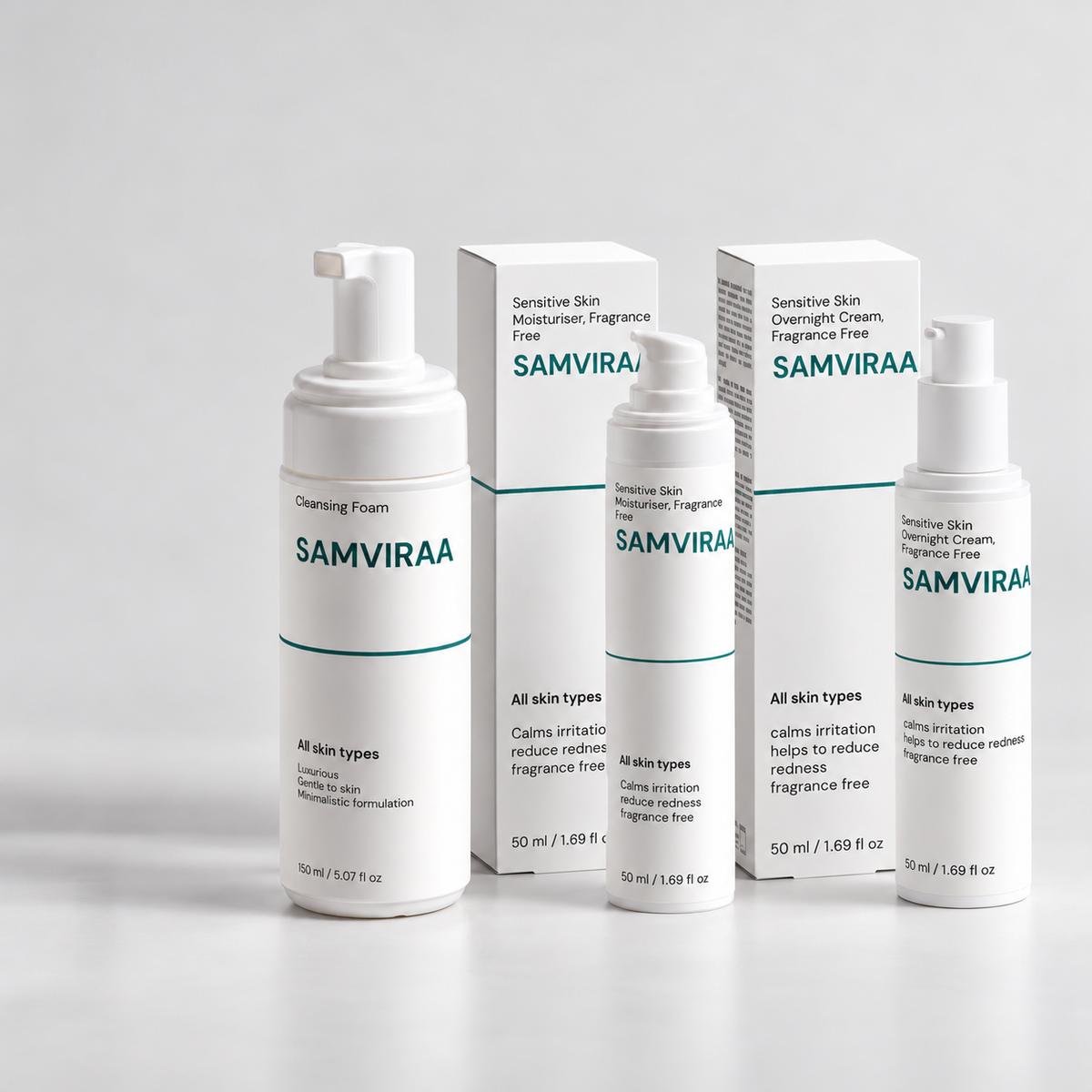 SAMVIRAA Calm Sensitive-Skin Routine: gentle cleansing foam, moisturiser and overnight cream