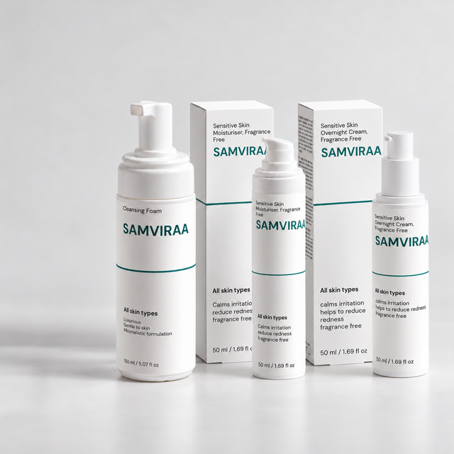 SAMVIRAA Calm Sensitive-Skin Routine: gentle cleansing foam, moisturiser and overnight cream