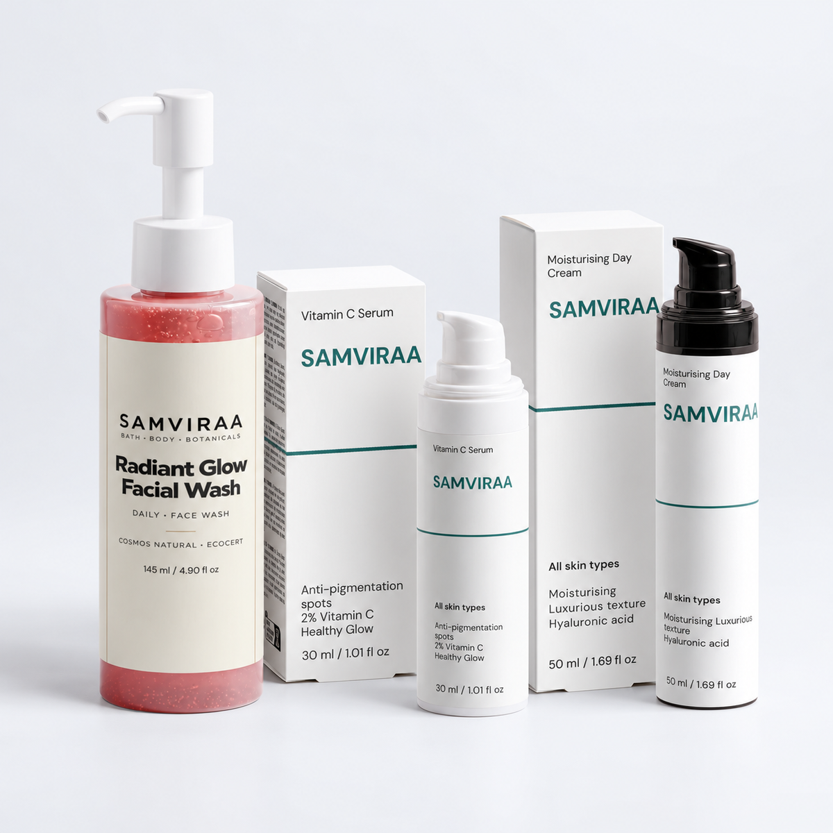 SAMVIRAA Vitamin C Glow Routine: glow face wash, vitamin C serum and day cream