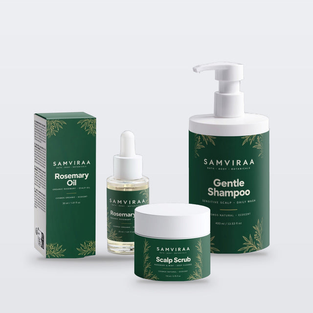 SAMVIRAA Rosemary Scalp Ritual Set: Rosemary Hair & Scalp Oil with box, Scalp Scrub Rosemary & Mint and Gentle Shampoo for sensitive scalps