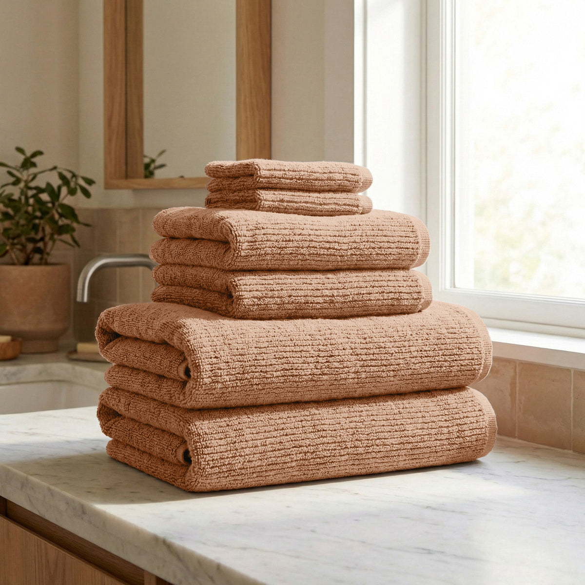 Turkish Cotton Ribbed Towel Set, 6 Pieces