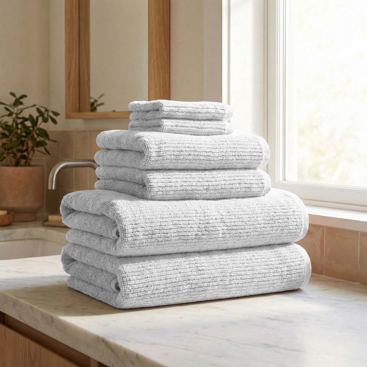 Turkish Cotton Ribbed Towel Set, 6 Pieces
