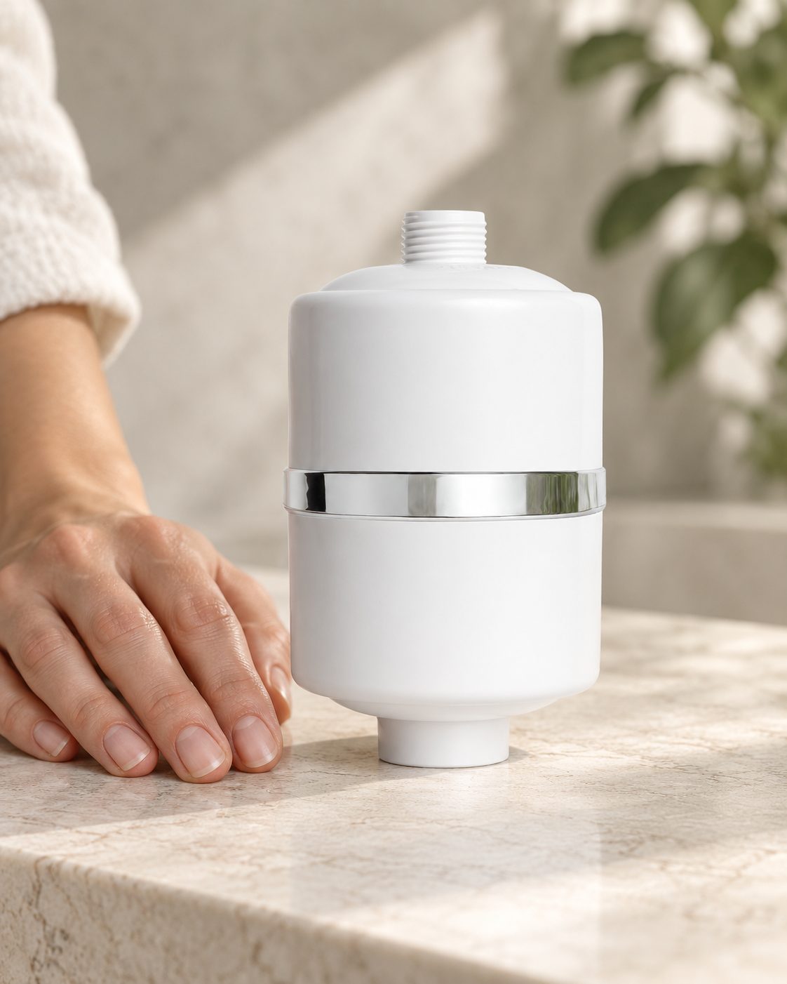 An adult woman's hand resting beside a white Crystal Quest shower filter on a stone surface