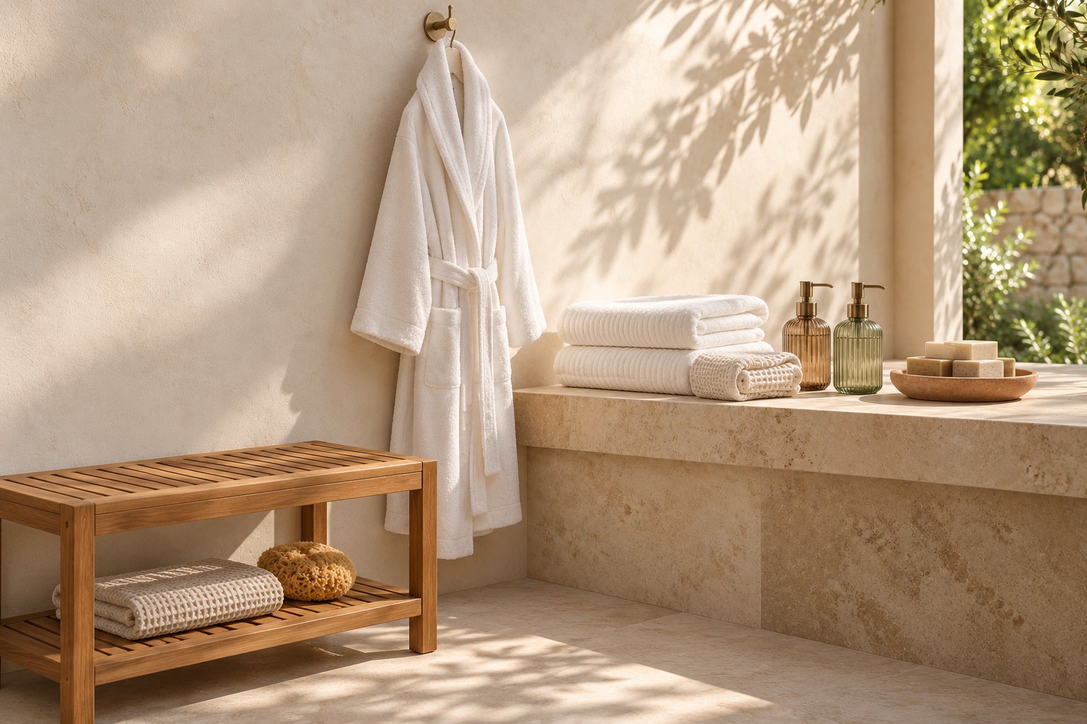 Bath essentials in a sunlit stone bathroom: a white robe on a brass hook, folded cotton towels, pump bottles and bar soaps on a travertine ledge, and a teak bench