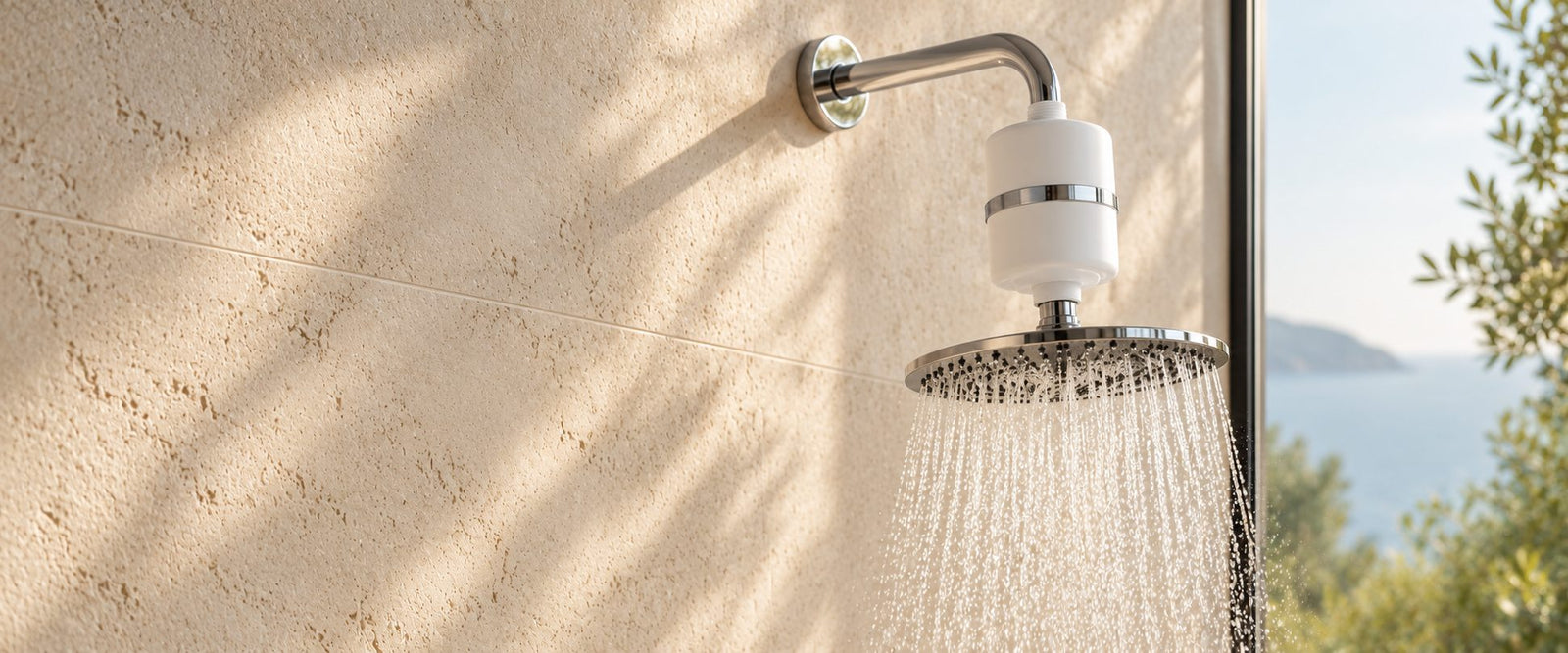 Crystal Quest Shower Filter installed between a chrome shower arm and shower head in a pale stone bathroom
