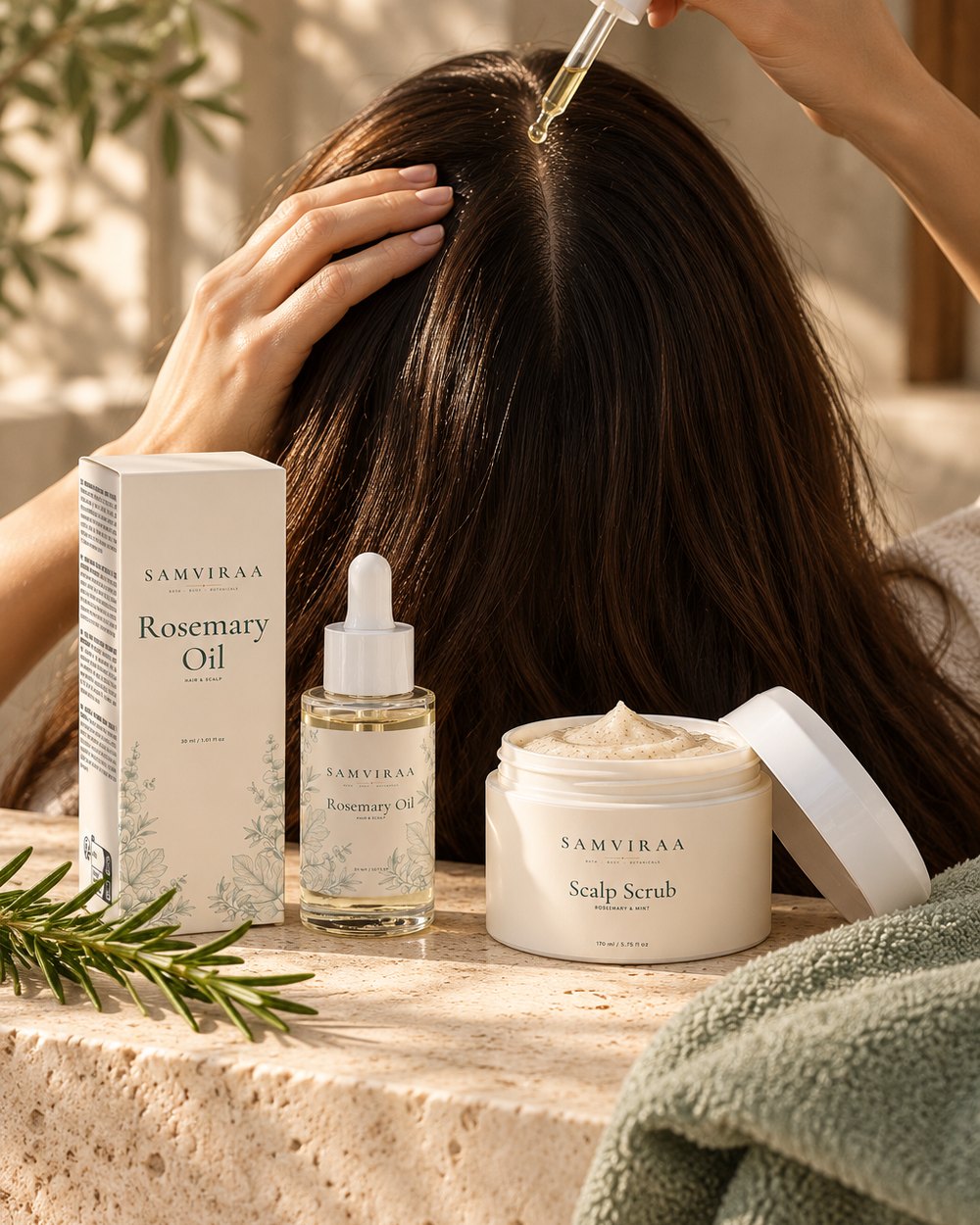 A hand adds a drop of SAMVIRAA Rosemary Oil to a hair parting, with the oil box and the open Rosemary & Mint Scalp Scrub on a travertine ledge