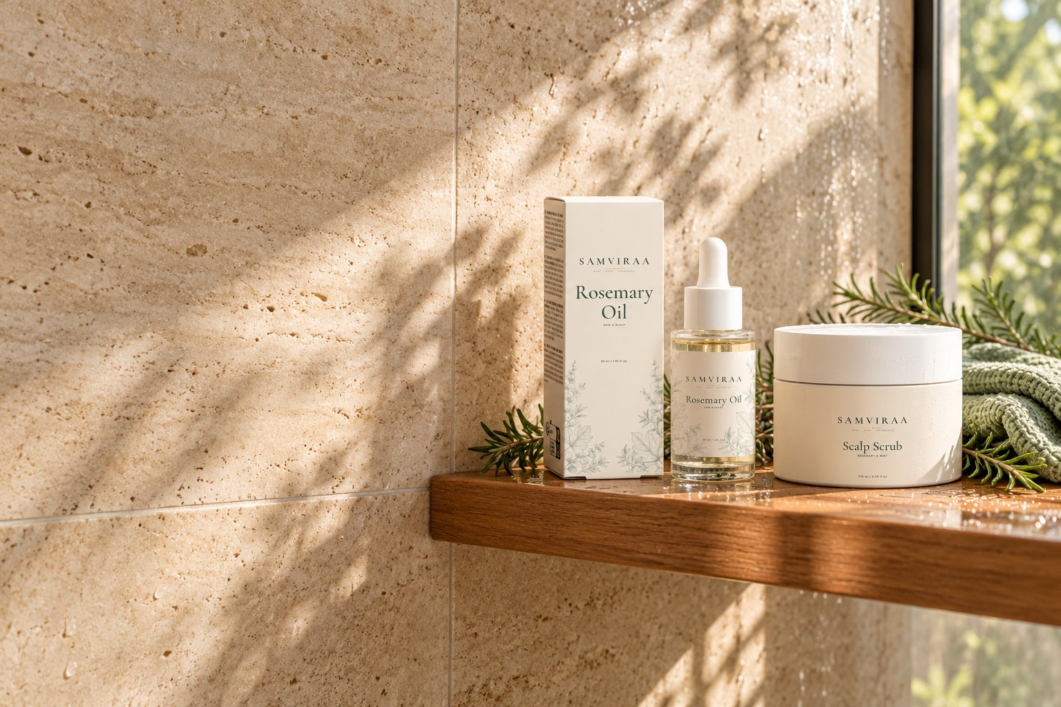 SAMVIRAA Rosemary Oil with its box and the Rosemary & Mint Scalp Scrub on a teak shelf in a sunlit travertine shower, with fresh rosemary and a sage towel